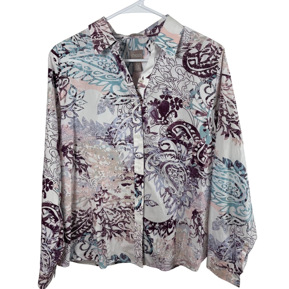 Chico's Button-Down Shirt Size 2/Large White Purple Cotton Artsy Boho Office